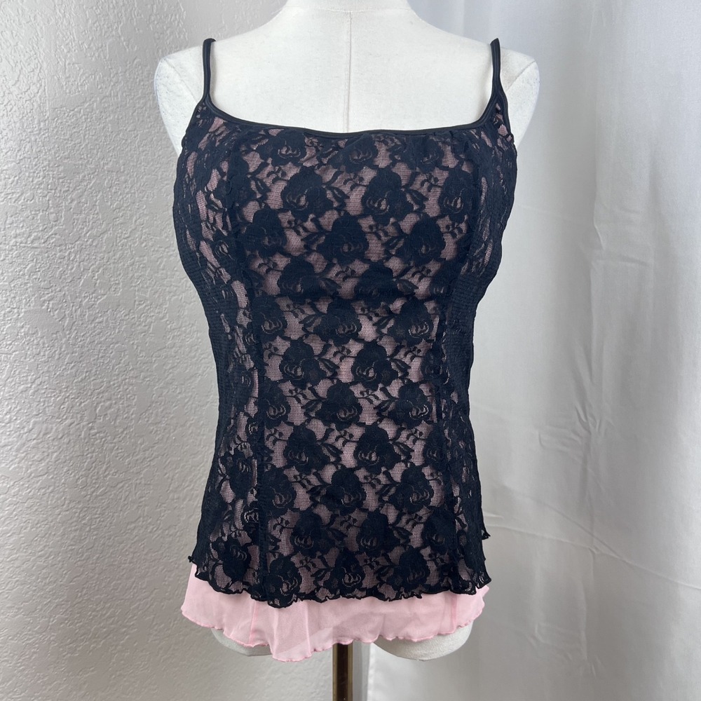 Y2K Shear Shapewear Top Womens Large Pink Black Lace Cami Layered Fairygrunge